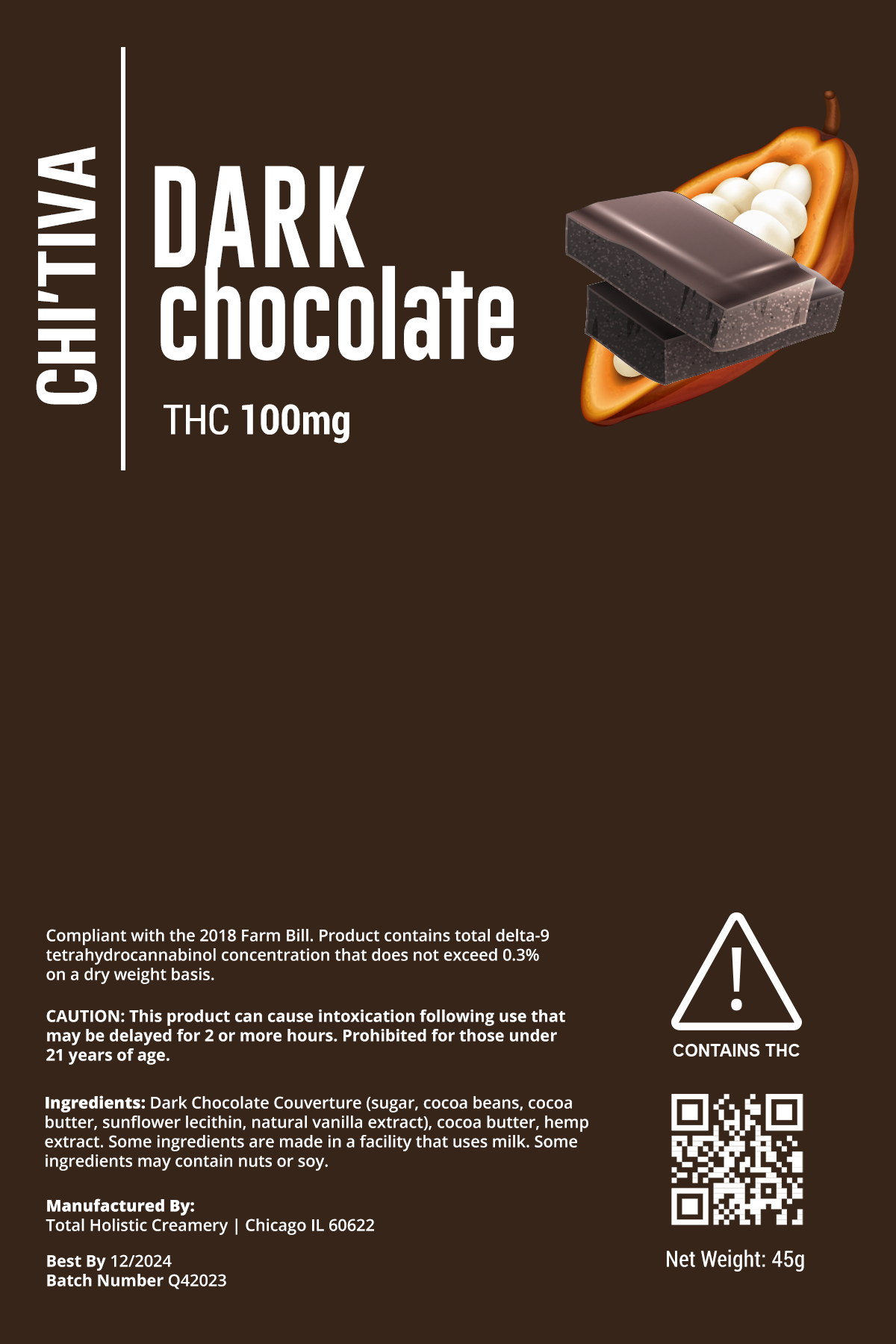 Chitiva's Chocolate Bar - 100 mg - Dark Chocolate